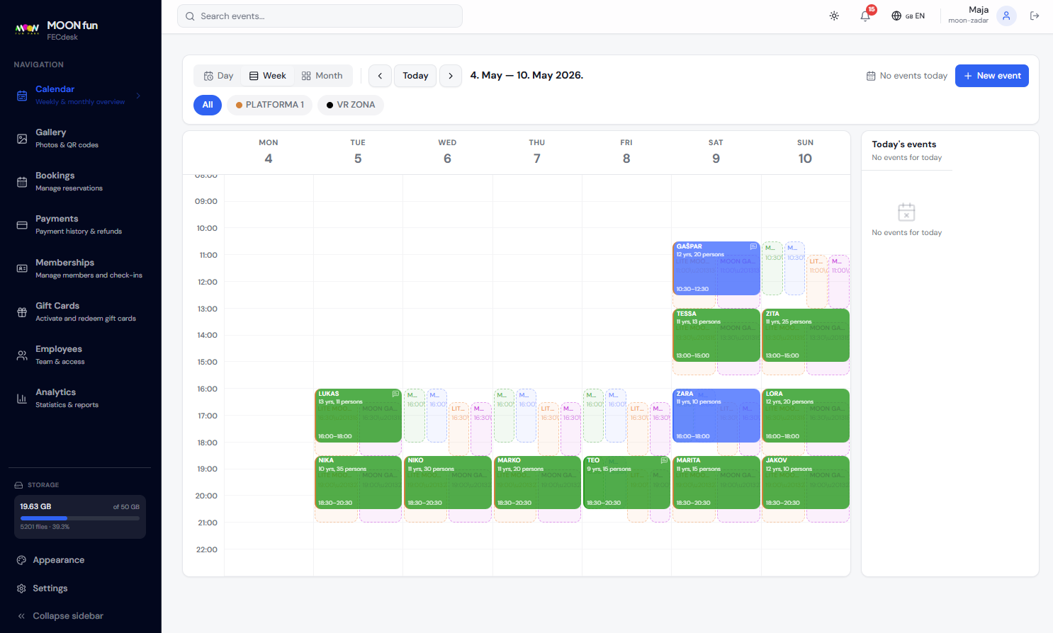 FECdesk calendar dashboard showing weekly birthday bookings